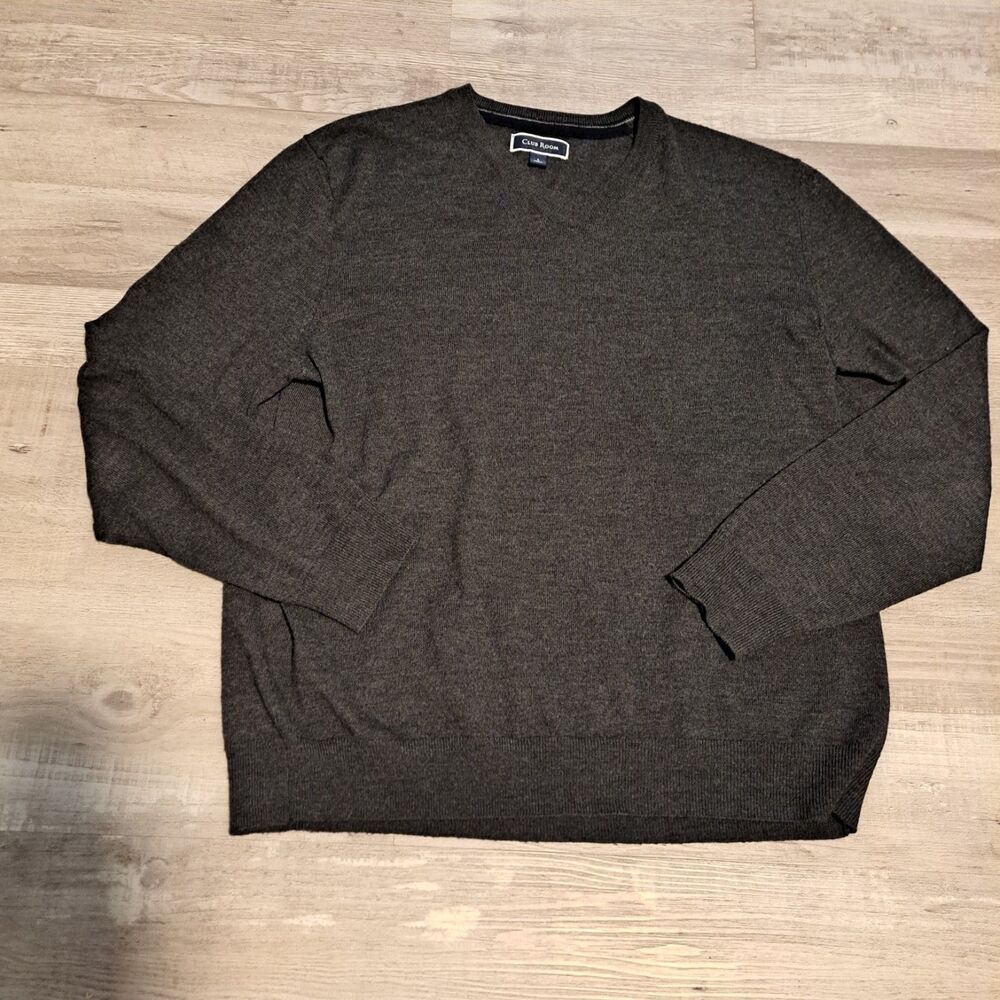 Club Room Merino Wool Blend Sweater Mens Size L Gray Long Sleeve V Neck Pullover